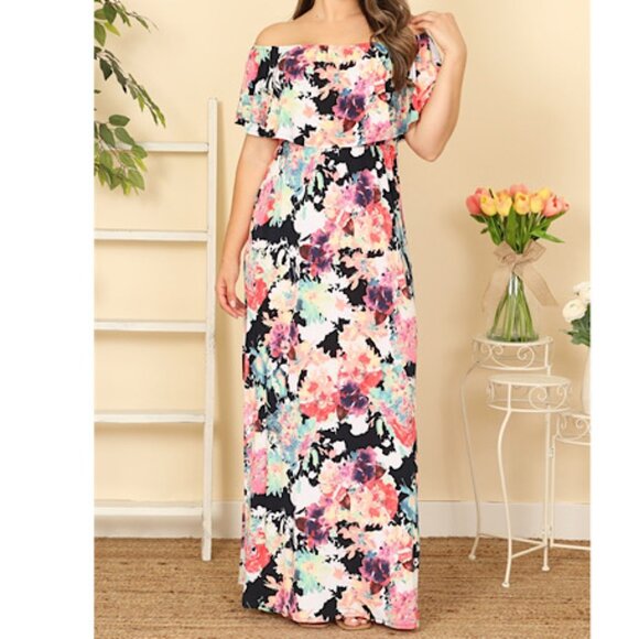 NEW  Black Multi Colour Printed Off shoulder Plus Size Long Maxi Dress Bohemian - Picture 3 of 8